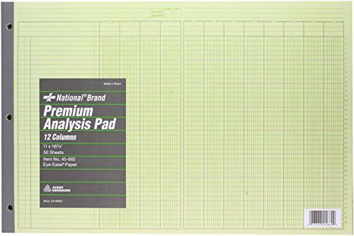 NATIONAL Brand Analysis Pad, 13 Columns, Green Paper, 11 x 16.375&#034;, 50 Sheets
