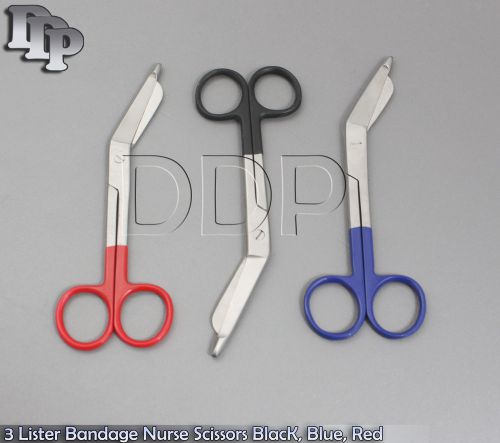3 Lister Bandage Nurse Scissors 5.5&#034; Black, Blue, Red HANDLE