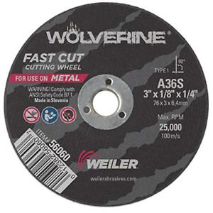 Weiler 56060 3&#034; x 1/8&#034; Wolverine Type 1 Cutting Wheel, A36S, 1/4&#034; A.H. Pack of