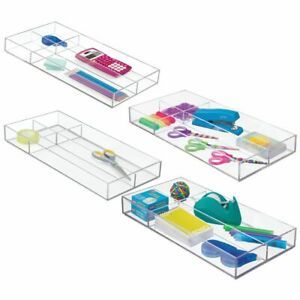 mDesign Long Plastic Divided Office Drawer Organizer, 4 Sections, 4 Pack - Clear