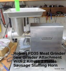 Hobart PD35 Meat Grinder Used W/ New Grinder Attachment 2 Knives 2-Plates Horn