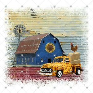 Windmill Blue Barn Sunflower Truck Sublimation Transfer, Ready to Press, Farm