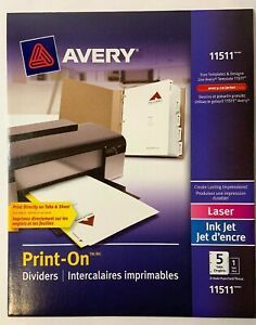 Lot of Qty 5 Avery 11511 Print-On Divider 5 Tabs Laser or Ink Jet Compatible
