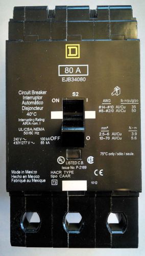 Square d ejb34080 80-amp 3-phase circuit breaker for sale