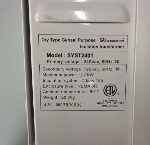 2.0kw rated isolating transformer model syst1201 for sale