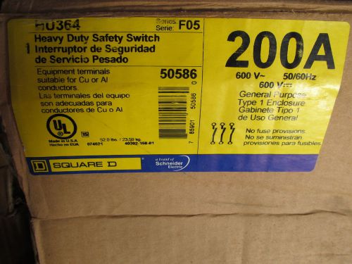 Square d hu364 disconnect 200 amp 600 v non fuse type 1 for sale