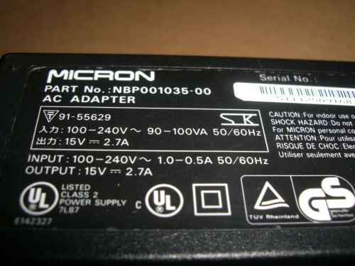 Genuine Micron NBP001035-00  IP 100-240v 50/60hz 1.0-0.5a  OP 15v 2.7a