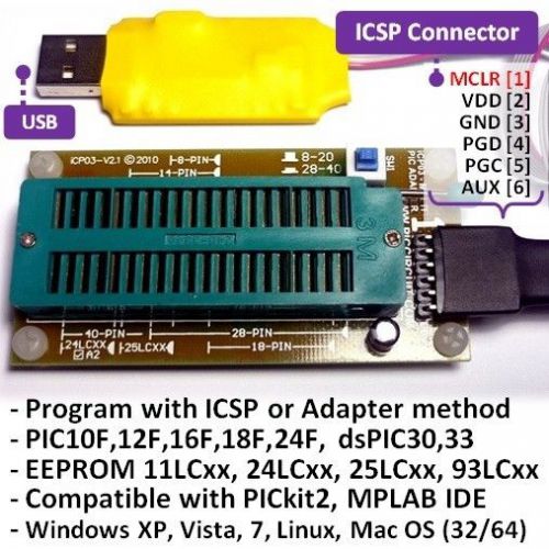 Bid1! iCA03 USB Microchip PIC/dsPIC/EEPROM ICSP/Zif Programmer Set @ PICkit2 SW