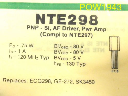 NTE 298 NPN AUDIO POWER OUT, GIANT TO-92
