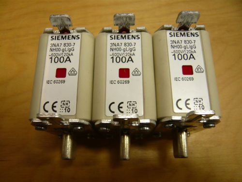 **3 PACK** SIEMENS 100A, 500VAC/250VCD FUSE 3NA7 830-7, LV HRC GL/GG, SIZE 00