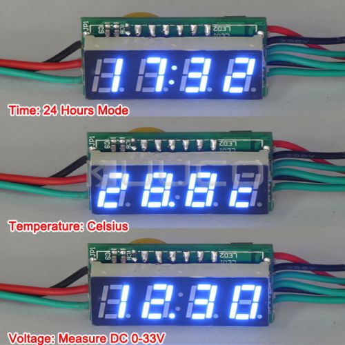0.28&#034; Blue LED DC 12V Digital 24-hour Clock Voltmeter Thermometer 3in1 Meters