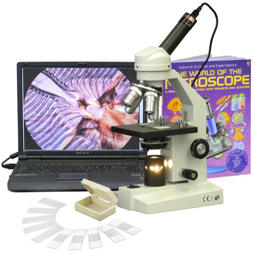40X-2500X Advanced Home School Compound Microscope + 1.3MP Camera, Slides &amp; Book