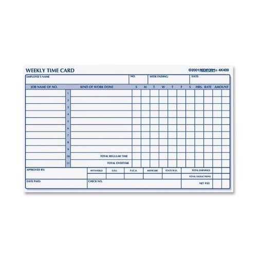 Rediform Employee Time Card, Weekly, 4.25 x 7 Inches, 100 per Pad (4K409) New