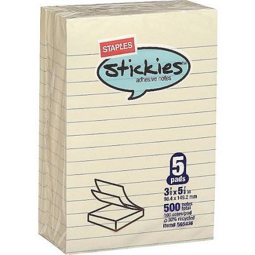 Staples® Stickies™ Self-Stick Removable Notes, Lined, Yellow, 4&#034; x 6&#034;, 5/Pk