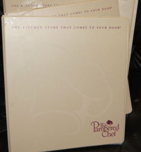 Lot of 3 tan 3-ring binder with burgundy &#034;the pampered chef&#034; logo for sale