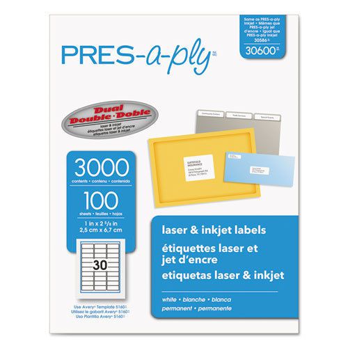 Pres-A-Ply Laser Address Labels, 1 x 2-5/8, White, 3000/Box