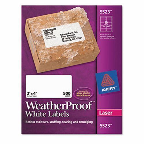 Avery White Weatherproof Laser Shipping Labels, 2 x 4, 500/Pack (AVE5523)