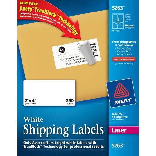Avery Shipping Labels for Laser Printers TrueBlock Technology 2 x 4&#034; 250pk