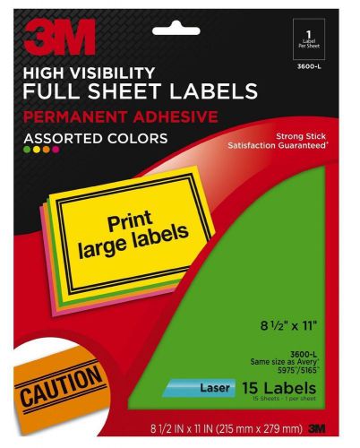 3M High Visibility Full Sheet Labels 3600-L, Assorted Neon, 8 1/2 x 11&#034;, 15/Pk