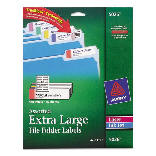 Extra-Large 1/3-Cut File Folder Labels, 15/16 x 3-7/16, White/Assorted, 450/Pk