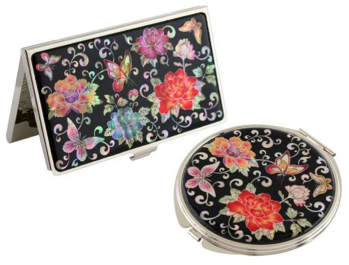 Nacre butterfly Business card holder case Makeup compact mirror gift set  #31