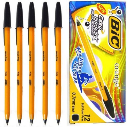 BIC Orange Fine 0.7mm Black Ball Point Pen Easy Glide 1Dz 12pcs Office School