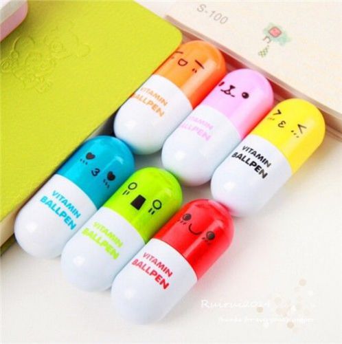 6Pcs Vitamin  Mini Pens Blue Ball Point Pen School Stationery Set