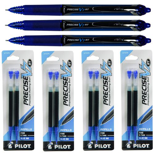 Pilot Precise V7 RT, 3 Pens With 4 Packs of Refills, Blue Ink, 0.7mm Fine Point