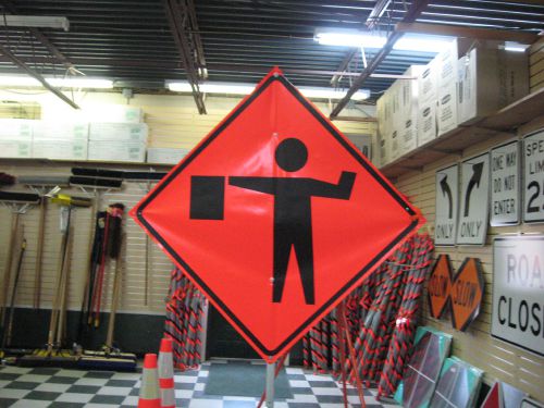 Flagman Symbol Fluorescent Vinyl With Ribs Road Sign 48&#034; X 48&#034;