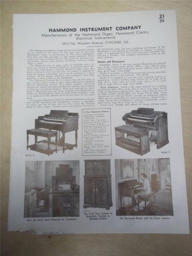 Vtg Hammond Instrument Co Catalog Insert/Page~Organs 1939