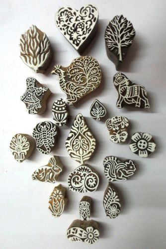 LOT OF 20 INDIAN WOODEN HAND CARVED TEXTILE PRINTING FABRIC BLOCK STAMP PATTERN