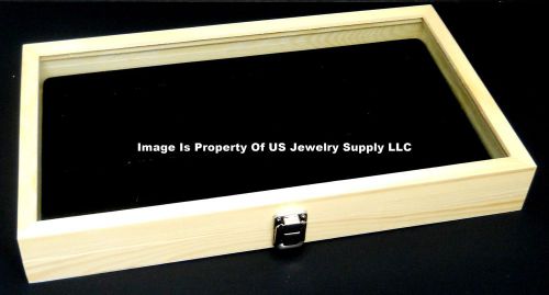 12 Natural Wood Glass Top Lid Black 8 Space Display Box Case Bangle Pins Medals