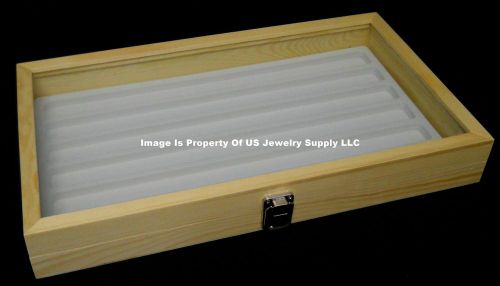 12 Natural Wood Glass Top Lid White 6 Slot Jewelry Organizer Display Cases