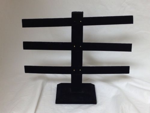 Small black jewelry display stand 3 velvet rows 18 in high 10 in long  GUC