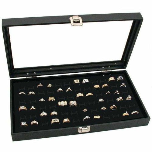 *NEW* 72 SLOT RING DISPLAY BOX BLACK GLASS TOP CASE JEWELERY SECURE RINGS