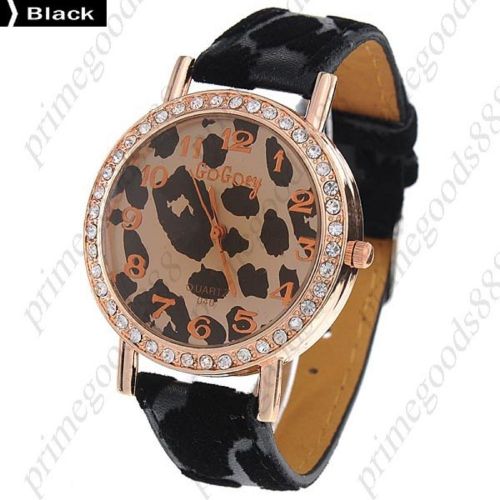 Leopard Round PU Leather Lady Ladies Wrist Quartz Wristwatch Women&#039;s Black
