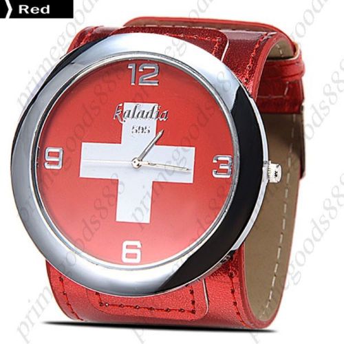 Switzerland The Swiss Flag Wide Round Analog PU Leather Wrist Wristwatch Red