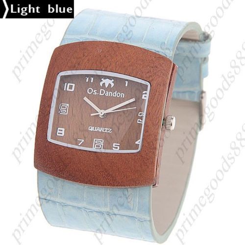 Square Wood Wooden PU Leather Lady Ladies Wrist Quartz Wristwatch Women&#039;s Blue