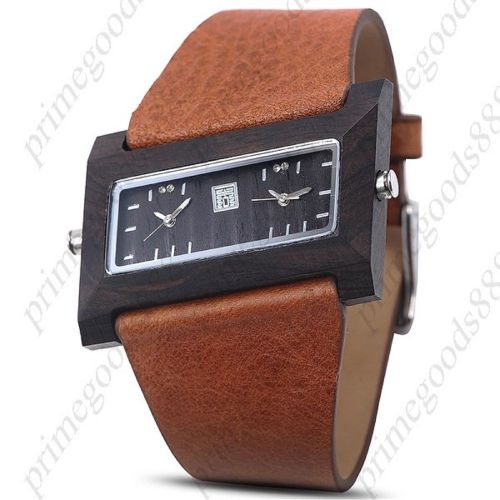 Wood Wooden 2 Time Zone Luxury Zones Leather Quartz Wrist Wristwatch Men&#039;s Brown