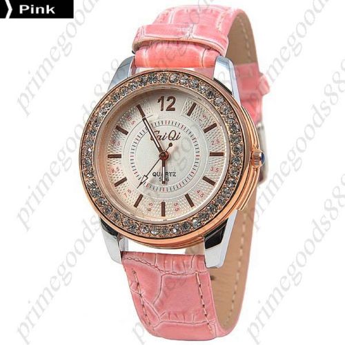Rhinestones PU Leather Analog Quartz Wrist Lady Ladies Wristwatch Women&#039;s Pink