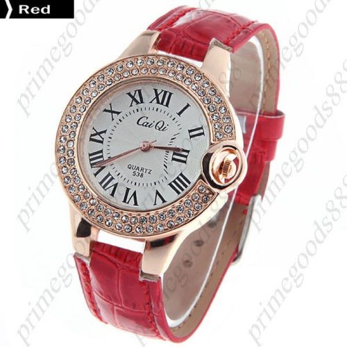 PU Leather Round Rhinestones Analog Quartz Wrist Wristwatch Women&#039;s Red