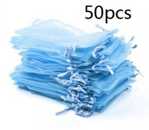 Bluecell Pack of 50 Light Blue color Organza Drawstring Gift Bag Pouch Wrap for
