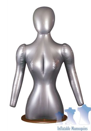 Inflatable Female Torso with Head and Arms, Silver And Wood Table Top Stand