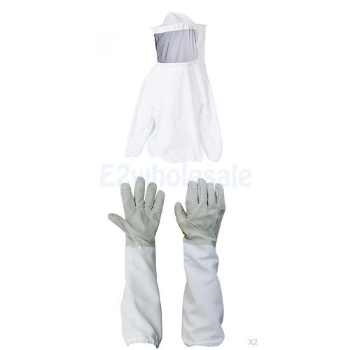 2Pair Protective Beekeeping Gloves + Jacket Veil Bee Suit Dress Smock Equipment