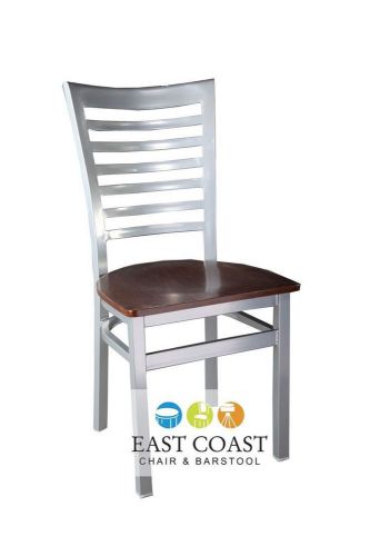 New gladiator silver full ladder back metal restaurant chair w/ walnut wood seat for sale