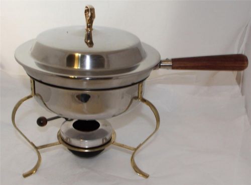 Vintage Chafing Dish Stainless Steel &amp; Brass Wood Handles Unbranded Made In USA