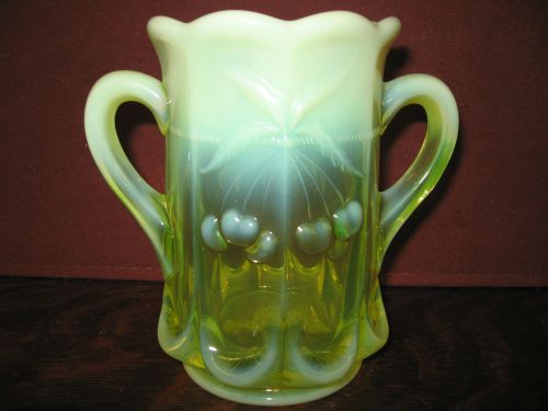 Yellow Vaseline glass Cherry and cable pattern spooner vase dish uranium flowers