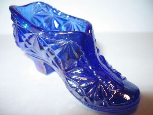 Cobalt Blue carnival iridescent glass Daisy and Button pattern Shoe Slipper Boot