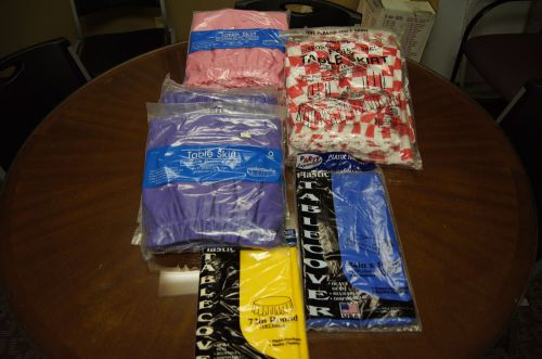 Lot- 12 assort colors- plastic table cloths &amp; skirts red/pink/purple/blue/yellow for sale
