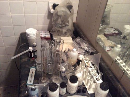 Lab kit; microscope, slides, beakers, test tubes, chemica etc. for sale